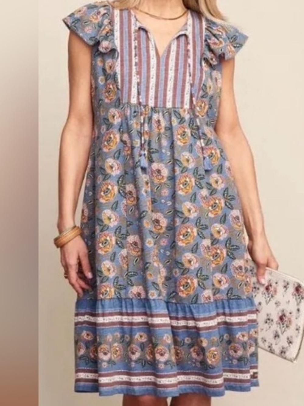 Matilda Jane Dusty Blue Floral Midi Dress with Blush Accents